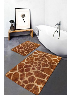 Rem Home Remhome 2'li Set Kahverengi Zeminde Zürafa Motifli Kürk Desenli Sade & Şık Klasik 2'li Banyo Paspas Takımı Takım Banyo Paspası