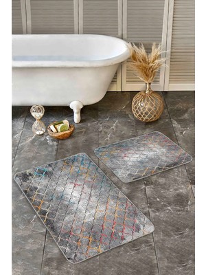 Rem Home Remhome 2'li Set Gri Zeminde Morrocan Motifli Kanvas Geometrik Eskitme Motifli 2'li Banyo Paspas Takımı Takım Banyo Paspası