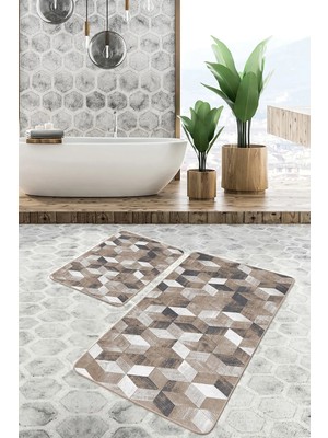 Rem Home Remhome Kahverengi Zeminde Eskitme Motifli Geometrik Geometrik Sade & Şık 2'li Banyo & Mutfak Paspas Takımı Takım Banyo Paspası
