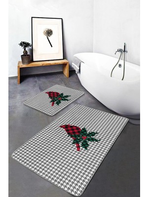 Rem Home Remhome Kazayağı Desen Dijital Baskılı Özel Tasarımlı 2'li Kaymaz Tabanlı Banyo & Mutfak Paspas Takımı Takım Banyo Paspası