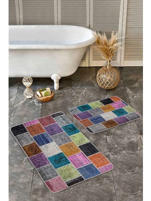 Rem Home Remhome 2'li Set Geleneksel Zeminde Patchwork Motifli Etnik Desenli Klasik Vintage 2'li Banyo Paspas Takımı Takım Banyo Paspası