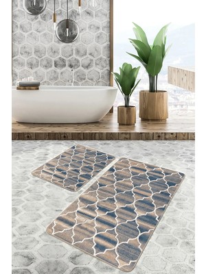 Rem Home Remhome Krem Zeminde Morrocan Motifli Otantik Desenli Geometrik Klasik 2'li Banyo & Mutfak Paspas Takımı Takım Banyo Paspası