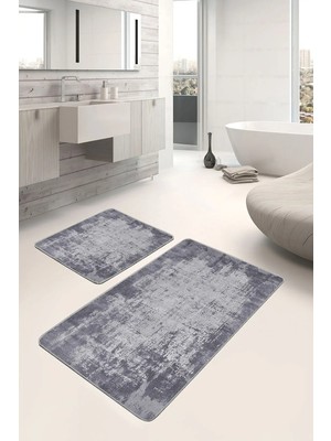 Rem Home Remhome Gri - Füme Zeminde Dokuma Motifli Antika Desenli Eskitme Motifli Sade & Şık 2'li Banyo Paspas Takımı Takım Banyo Paspası