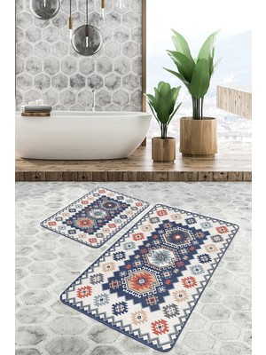 Rem Home Remhome 2'li Set Mavi Zeminde Hereke Motifli Otantik Etnik Motifler Avangarde 2'li Banyo Paspas Takımı Takım Banyo Paspası