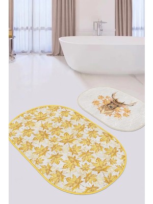 Rem Home Remhome Gold Detaylı Sonbahar Yaprakları Dijital Baskılı 2'li Oval Kaymaz Tabanlı Banyo & Mutfak Paspas Seti Takım Banyo Paspası