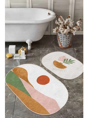 Rem Home Remhome Pastel Renkli Zemin Onedraw Çizim Dijital Baskılı 2'li Oval Kaymaz Taban Banyo & Mutfak Paspas Seti Takım Banyo Paspası