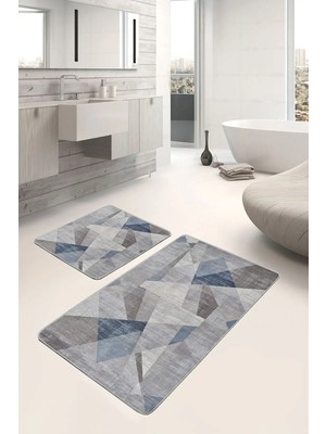 Rem Home Remhome Krem - Mavi Zeminde Geometrik Motifli Dokuma Geometrik Sade & Şık 2'li Banyo & Mutfak Paspas Takımı Takım Banyo Paspası