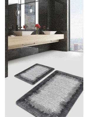 Rem Home Remhome Siyah - Gri Zeminde Çerçeveli Motifli Eskitme Motifli Vintage 2'li Banyo & Mutfak Paspas Takımı Takım Banyo Paspası