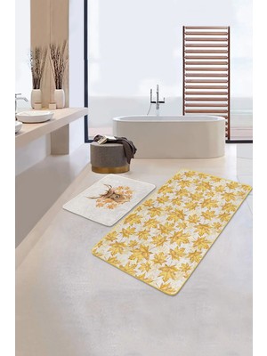 Rem Home Remhome Gold Detaylı Sonbahar Yaprakları Dijital Baskılı 2'li Kaymaz Tabanlı Banyo & Mutfak Paspas Takımı Takım Banyo Paspası
