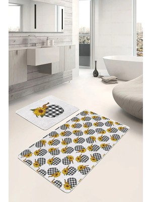 Rem Home Remhome Kabak Temalı Ekose Motifli Dijital Baskılı 2'li Kaymaz Tabanlı Banyo & Mutfak Paspas Takımı Takım Banyo Paspası