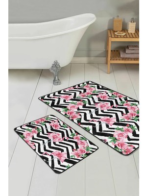 Rem Home Remhome Zigzag Zemin Gül Flamingo Motifli 2'li Kaymaz Tabanlı Banyo & Mutfak Paspas Takımı Takım Banyo Paspası
