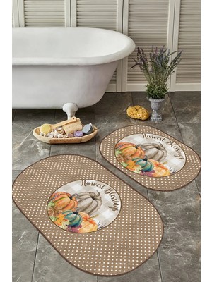 Rem Home Remhome Kabak Temalı Puantiyeli 2'li Oval Kaymaz Tabanlı Mutfak Paspas Takımı & Banyo Paspas Takımı Takım Banyo Paspası