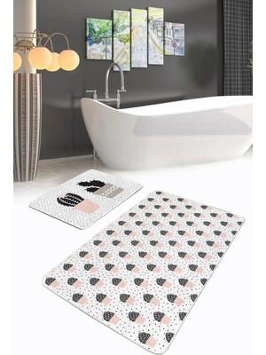 Rem Home Remhome Beyaz Zemin Puantiye Motifli Kaktüs Tasarımlı 2'li Kaymaz Tabanlı Banyo & Mutfak Paspas Takımı Takım Banyo Paspası