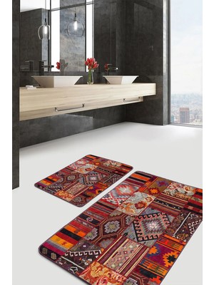 Rem Home Remhome Kırmızı Zeminde Patchwork Motifli Geleneksel Etnik Motifler Klasik 2'li Banyo & Mutfak Paspas Takımı Takım Banyo Paspası