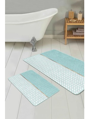Rem Home Remhome Mint Yeşili Ogea Motifli Dijital Baskılı 2'li Kaymaz Tabanlı Banyo & Mutfak Paspas Takımı Takım Banyo Paspası