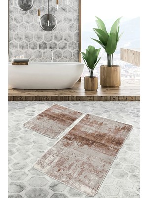 Rem Home Remhome Krem - Kahverengi Zeminde Eskitme Motifli Antik Eskitme Motifli Vintage 2'li Banyo Paspas Takımı Takım Banyo Paspası