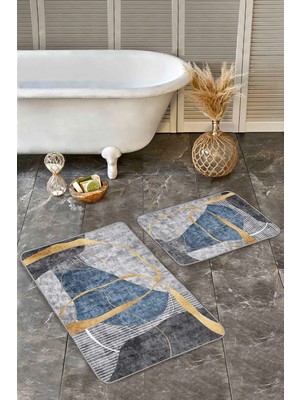 Rem Home Remhome 2'li Set Gold Mavi Zeminde Geometrik Motifli Gold Desenli Geometrik Klasik 2'li Banyo Paspas Takımı Takım Banyo Paspası