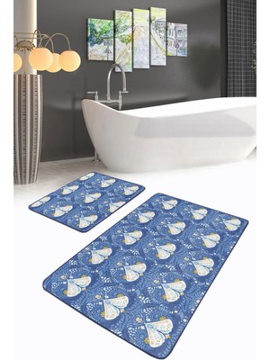 Rem Home Remhome Mavi Çini Çizimli Kelebek Özel Tasarım 2'li Kaymaz Tabanlı Banyo & Mutfak Paspas Takımı Takım Banyo Paspası