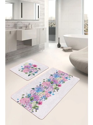Rem Home Remhome Renkli Ortanca Çiçekleri Özel Tasarım 2'li Kaymaz Tabanlı Banyo & Mutfak Paspas Takımı Takım Banyo Paspası