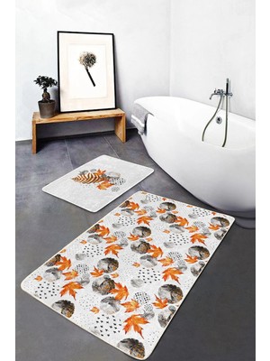 Rem Home Remhome Mermer Detaylı Sonbahar Yaprakları Dijital Baskılı 2'li Kaymaz Tabanlı Banyo & Mutfak Paspas Takımı Takım Banyo Paspası