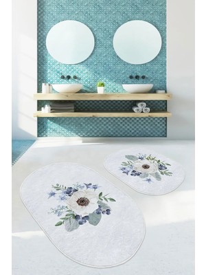 Rem Home Remhome Beyaz Gül Tasarımlı Dijital Baskılı 2'li Oval Kaymaz Tabanlı Banyo & Mutfak Paspas Takımı Takım Banyo Paspası