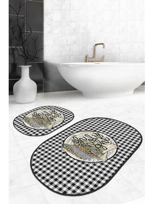 Rem Home Remhome Siyah Beyaz Ekose Tasarımlı 2'li Oval Kaymaz Tabanlı Banyo Halısı & Klozet Seti Takım Banyo Paspası