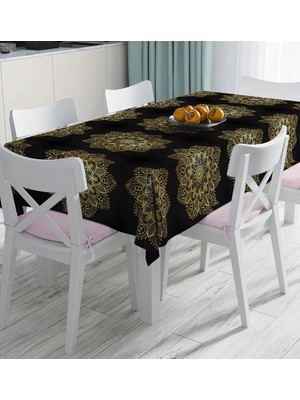 Rem Home Remhome Siyah Zeminde Gold Mandala Motifli Dijital Baskılı Masa Örtüsü 90 x 90 cm