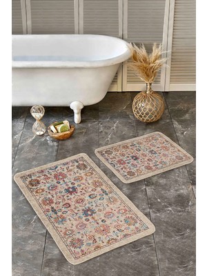 Rem Home Remhome Bej Zeminde Uşak Motifli Kilim Desenli Etnik Motifler Avangarde 2'li Banyo & Mutfak Paspas Takımı Takım Banyo Paspası