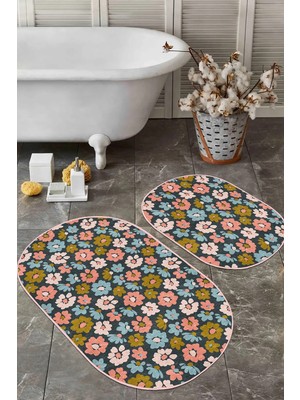 Rem Home Remhome Siyah Zemin Renkli Çiçek Desenli Dijital Baskılı 2'li Oval Kaymaz Tabanlı Banyo & Mutfak Paspas Seti Takım Banyo Paspası
