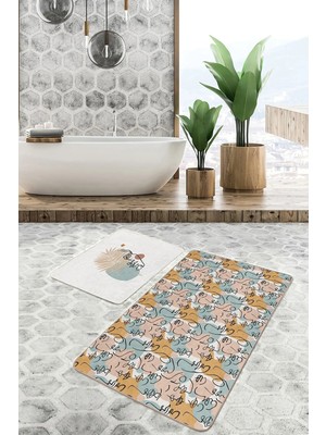 Rem Home Remhome Bohemian Özel Tasarım Dijital Baskılı 2'li Kaymaz Tabanlı Banyo & Mutfak Paspas Takımı Takım Banyo Paspası