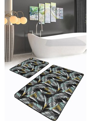 Rem Home Remhome Gold Detaylı Tropik Yaprak Tasarımlı 2'li Kaymaz Tabanlı Banyo & Mutfak Paspas Takımı Takım Banyo Paspası