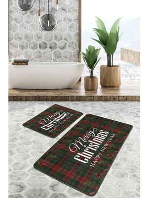 Rem Home Remhome Mery Christmas Temalı Ekose Zeminli Özel Tasarım 2'li Kaymaz Tabanlı Banyo & Mutfak Paspas Takımı Takım Banyo Paspası