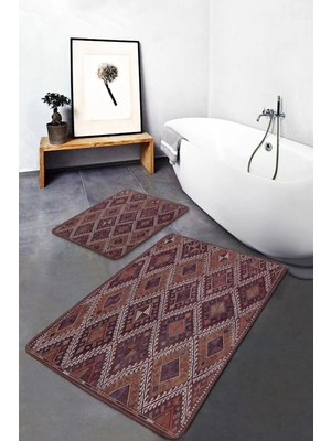 Rem Home Remhome 2'li Set Kahverengi Zeminde Kilim Motifli Anadolu Avangarde Geometrik Banyo Paspas Takımı Takım Banyo Paspası