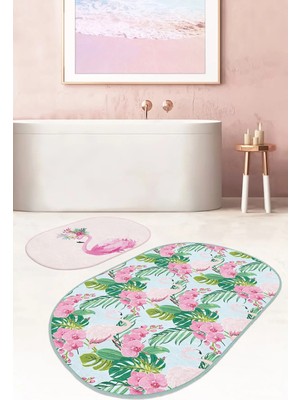 Rem Home Remhome Flamingo Motifli Renkli 2'li Oval Kaymaz Tabanlı Banyo Paspas Takımı & Banyo Halı Seti Takım Banyo Paspası