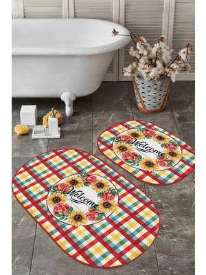 Rem Home Remhome Renkli Ekose Motifli 2'li Oval Kaymaz Tabanlı Mutfak Paspas Takımı & Banyo Halısı Seti Takım Banyo Paspası