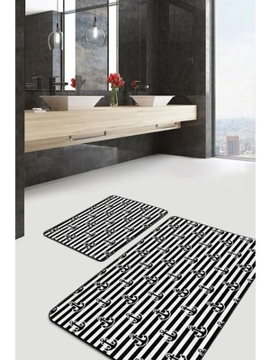 Rem Home Remhome Siyah Beyaz Çizgili Çapa Tasarımlı 2'li Kaymaz Tabanlı Banyo & Mutfak Paspas Takımı Takım Banyo Paspası