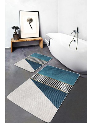 Rem Home Remhome 2'li Set Mavi Zeminde Kazayağı Motifli Geometrik Geometrik Sade & Şık 2'li Banyo Paspas Takımı Takım Banyo Paspası