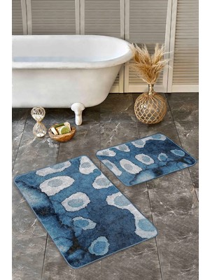 Rem Home Remhome 2'li Set Mavi Zeminde Sulu Boya Motifli Modern Sanat Sade & Şık Modern 2'li Banyo Paspas Takımı Takım Banyo Paspası