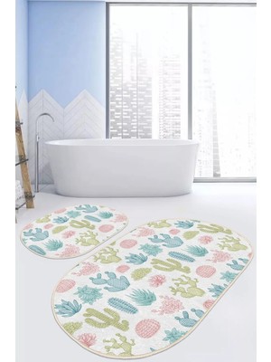 Rem Home Remhome Renkli Kaktüsler Özel Tasarımlı 2'li Oval Kaymaz Tabanlı Banyo & Mutfak Paspas Takımı Takım Banyo Paspası