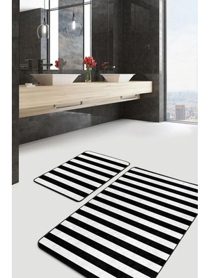 Rem Home Remhome Siyah Beyaz Düz Çizgili Özel Tasarım 2'li Kaymaz Tabanlı Banyo & Mutfak Paspas Takımı Takım Banyo Paspası