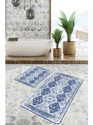 Rem Home Remhome Lacivert Zeminde Otantik Motifli Kilim Avangarde Eskitme Motifli 2'li Banyo & Mutfak Paspas Takımı Takım Banyo Paspası