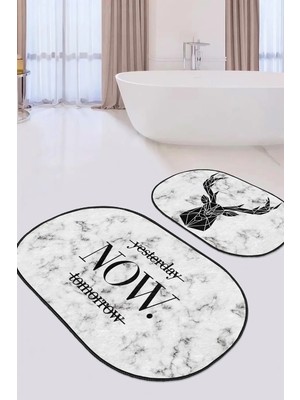 Rem Home Remhome Mermer Zemin Geyik Y.n.t. Tasarımlı 2'li Oval Kaymaz Tabanlı Banyo & Mutfak Paspas Takımı Takım Banyo Paspası