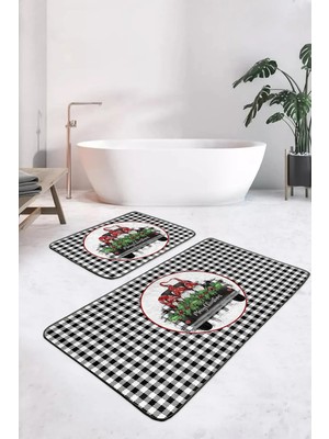 Rem Home Remhome Siyah Beyaz Ekose Tasarımlı 2'li Banyo Paspas Takımı & Mutfak Paspas Seti Takım Banyo Paspası