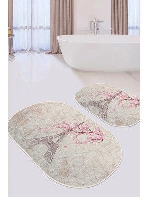 Rem Home Remhome Kahve Zemin Eyfel Kulesi Tasarımlı 2'li Oval Kaymaz Tabanlı Banyo & Mutfak Paspas Takımı Takım Banyo Paspası