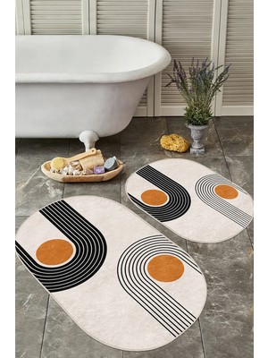 Rem Home Remhome Krem Zeminli Çizgili Özel Tasarım 2'li Oval Kaymaz Tabanlı Banyo & Mutfak Paspas Takımı Takım Banyo Paspası
