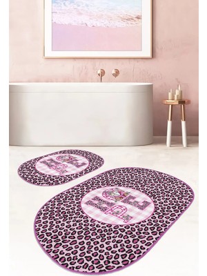 Rem Home Remhome Pembe Zebra Motifli Hope Temalı 2'li Oval Kaymaz Tabanlı Banyo Paspas Takımı & Mutfak Paspas Seti Takım Banyo Paspası