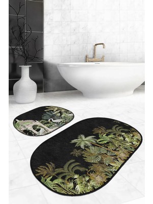 Rem Home Remhome Siyah Zemin Tropik Ağaçlar Özel Tasarım 2'li Oval Mutfak Paspas Seti & Banyo Hakı Seti Takım Banyo Paspası