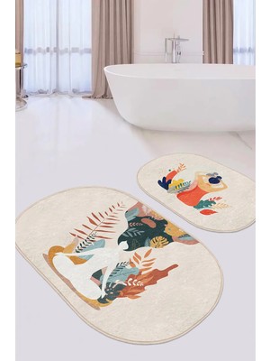 Rem Home Remhome Yoga Kadın Motifli Özel Tasarım 2'li Oval Mutfak Paspas Takımı & Banyo Paspas Takımı Takım Banyo Paspası
