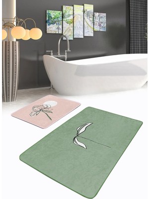 Rem Home Remhome Düz Renkli Zemin Çiçek Motifli 2'li Banyo Paspas Takımı & Klozet Paspas Seti Takım Banyo Paspası