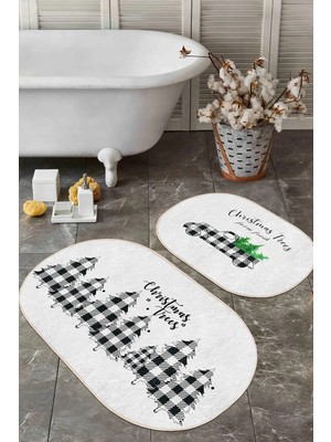 Rem Home Remhome Ekose Çam Ağacı Christmas Temalı 2'li Oval Kaymaz Tabanlı Banyo Halı Seti & Mutfak Halı Takımı Takım Banyo Paspası